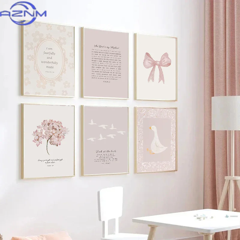 AZNM Póster de arte de la Biblia cristiana con la Escritura de la Biblia, diseño de lazo bohemio rosa, pintura en lienzo para jardín, decoración de pared para dormitorio de niñas, muebles de pared A