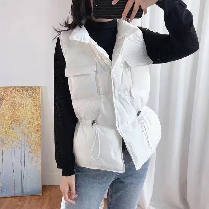 2024 Women Sleeveless Jacket New Spring Autumn Double Breasted Stand Collar Waistcoat Short White Duck Down Coat Female Parkas