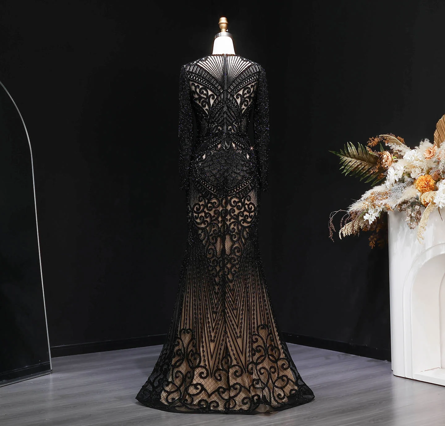 Sharon Said Dubai Übergröße Schwarzes Langarm-Paillettenkleid mit Perlen, Meerjungfrauen-Abendkleid, Saudi-Arabisches Damen-Ballkleid SS056 Maßanfertigung – Detail 24