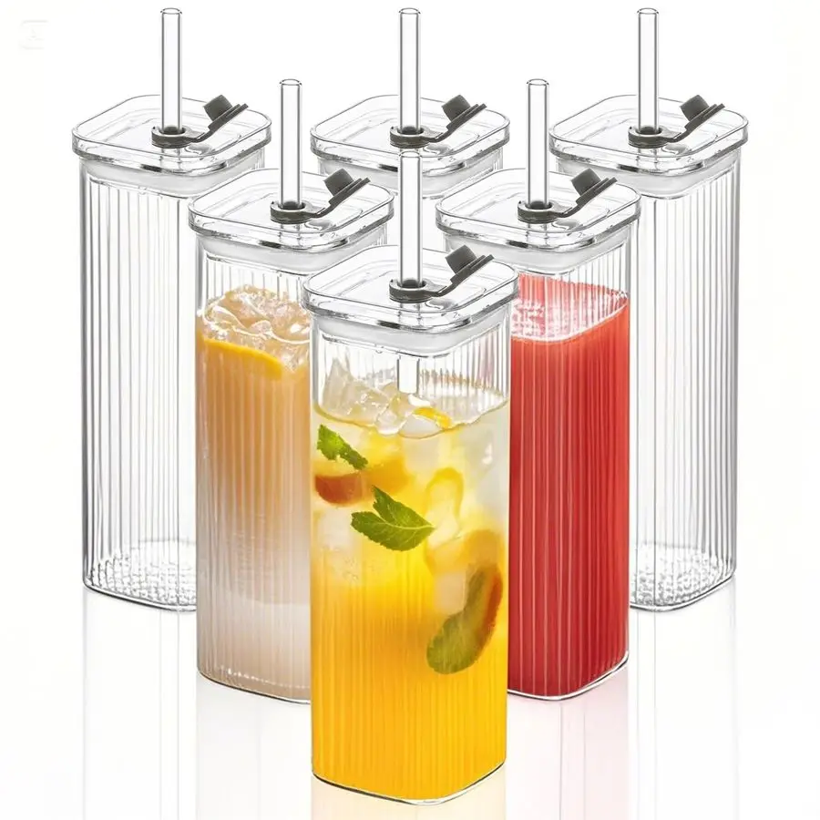 

Наборы стеклянных стаканов с крышками и соломинками, квадратные ребристые стаканы для питья с крышками, прозрачные стаканы Highball для коктейлей, кофе, Ju
