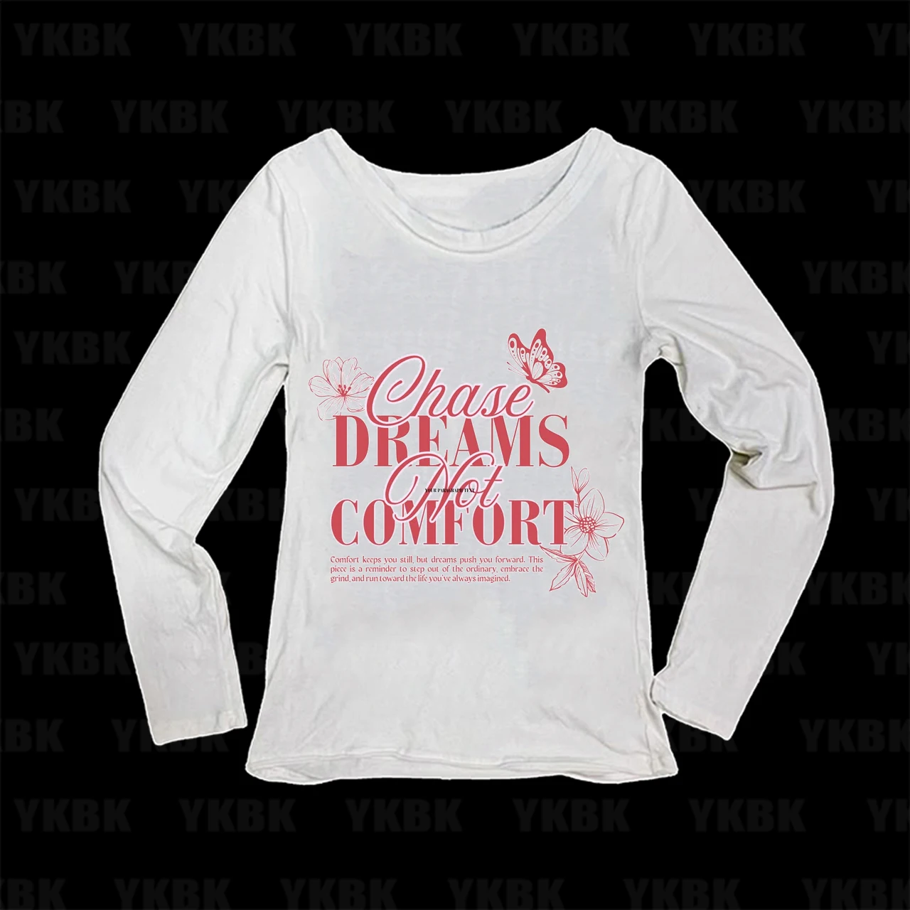 Chase Dreams Not Comfort Butterfly Floral Letter Print Long Sleeve T-Shirt Women Off Shoulder Slim Y2K Coquette Aesthetic Basic