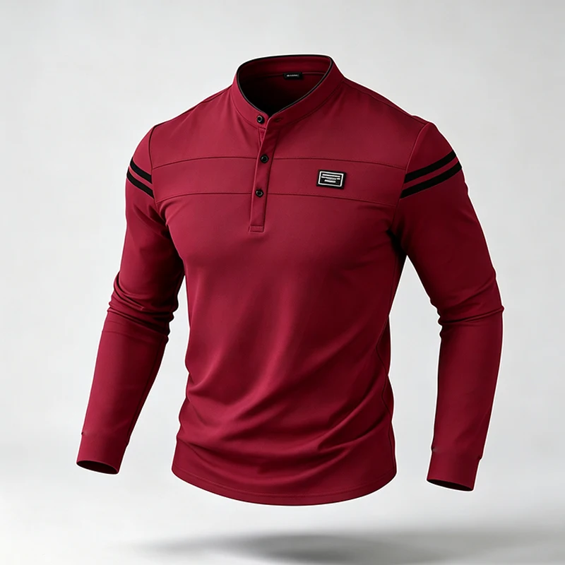 Herren-Polohemd mit langen Ärmeln, im urbanen Stil, mit Stehkragen und Streifenmuster, ideal für den Stadtverkehr und als lässiges Outfit für den Alltag. – Detail 13