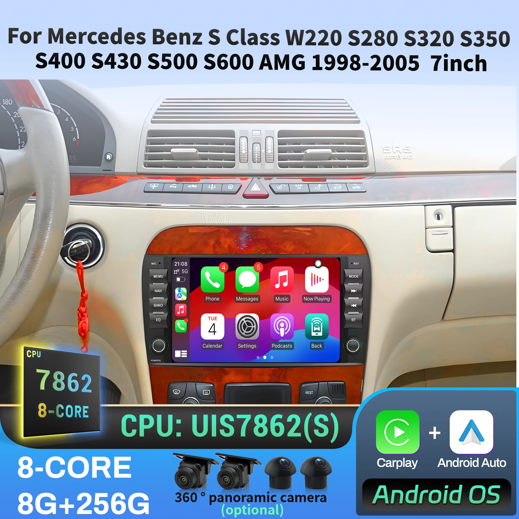 7 inch Car Radio For Mercedes Benz S Class W220 S280 S320 S350 S400 S430 S500 S600 AMG 1998-2004 2005 BT CarPlay Touch Screen