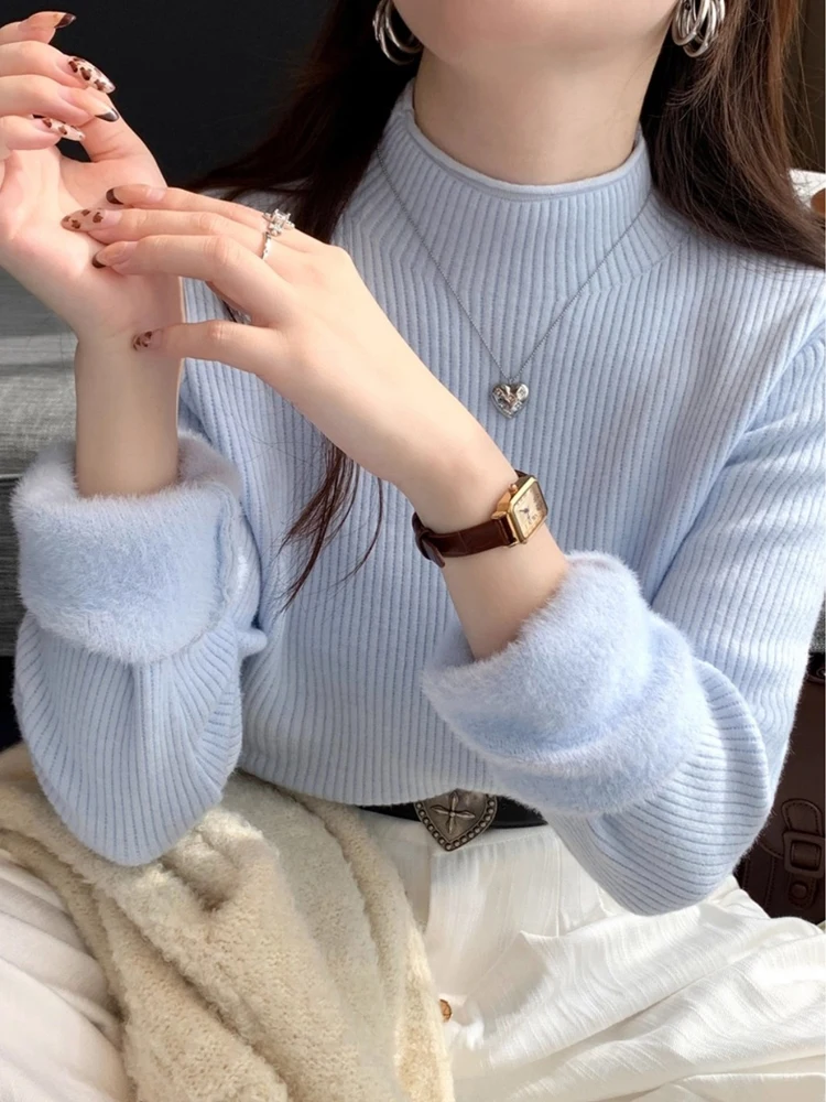 الخريف/الشتاء سميكة المخملية قاعدة سترة جديدة أنيقة بلون محبوك سترة عادية نصف عالية الياقة طويلة الأكمام المرأة سترة #2