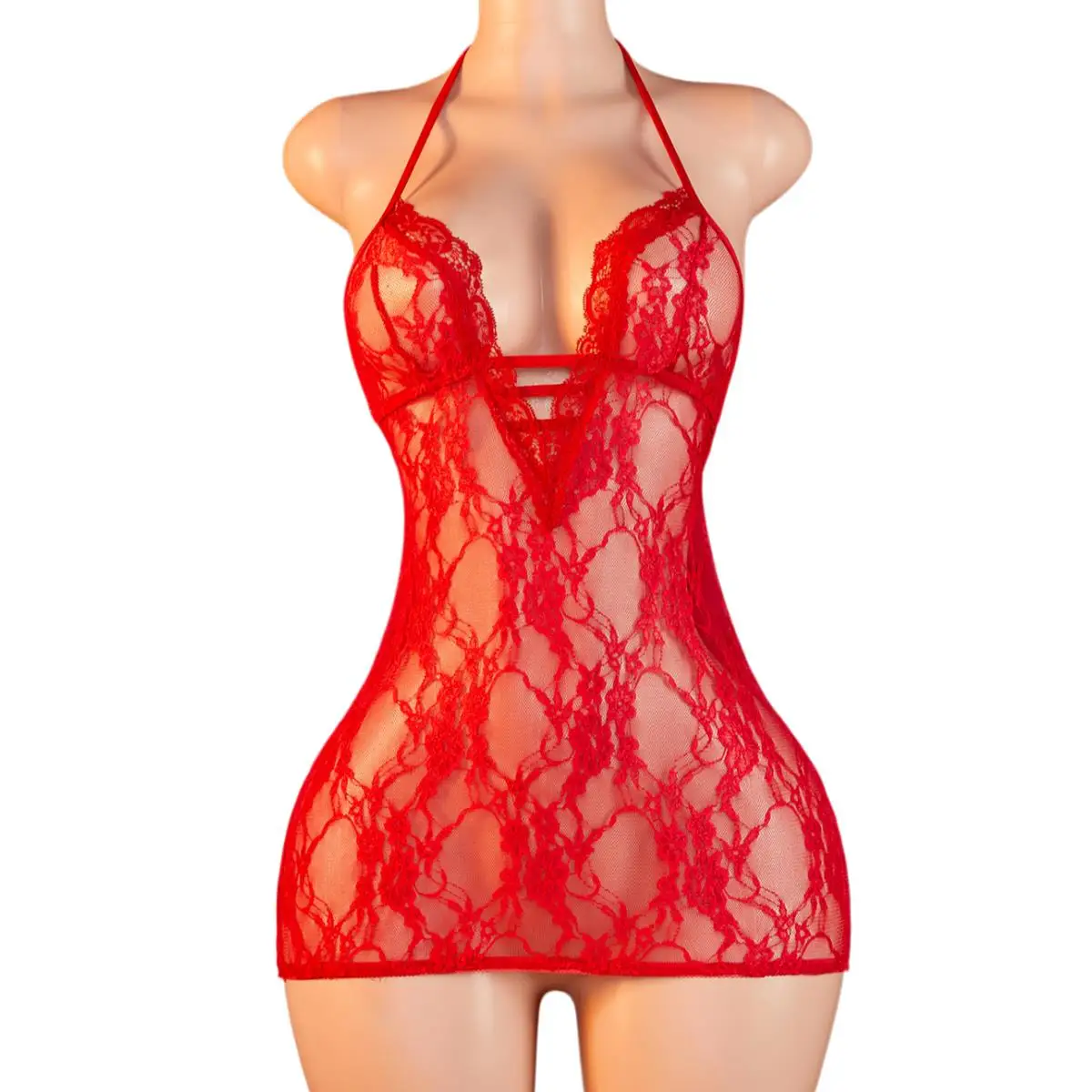 Sexy Red Halter Neck Mesh Sheer Lingerie Dress for Women Backless See Through Teddy Babydoll Nightclub Outfit