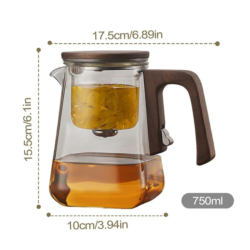 New Water Separation Inner Container Teapot One Click Magnetic Switch Tea Separation Filtration Glass Tea Pot Wood Handle Tea