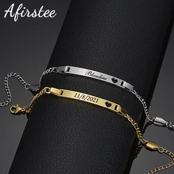 Afirstee Personalized Engrave Name Heart Bracelet Custom Stainless Steel Nameplate Date Figaro Bracelets For Women Jewelry Gift