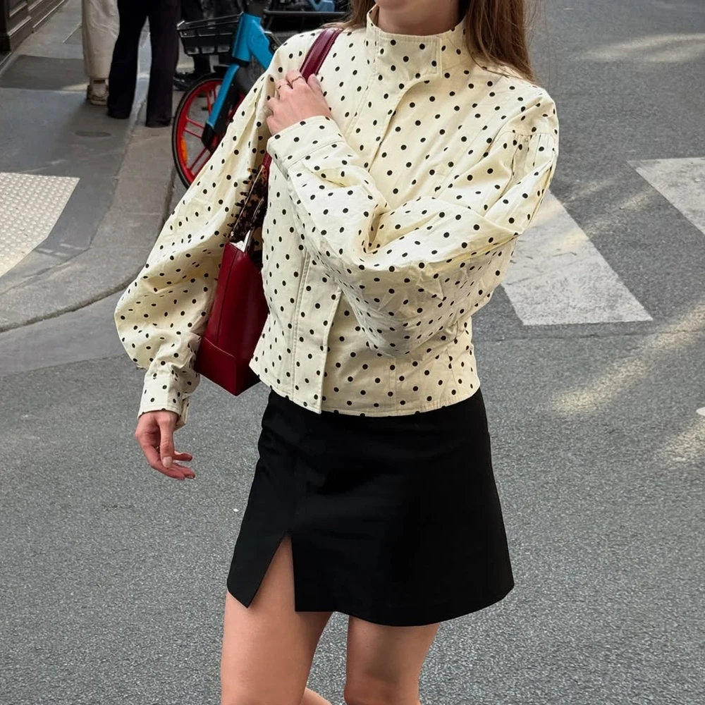 

Ticketsx Polka Dot Stand Neck Short Jackets Women Fashion Long Sleeve Patchwork Contrast Slim Coats Casual Lady Street Outerwear