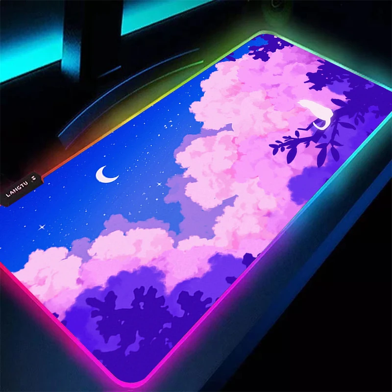 Alfombrilla LED para ratón, alfombra RGB para ordenador portátil, alfombrilla para teclado Kawaii, alfombrilla para ratón con nubes rosas, borde, borla blanca, alfombrilla de goma para escritorio extendida