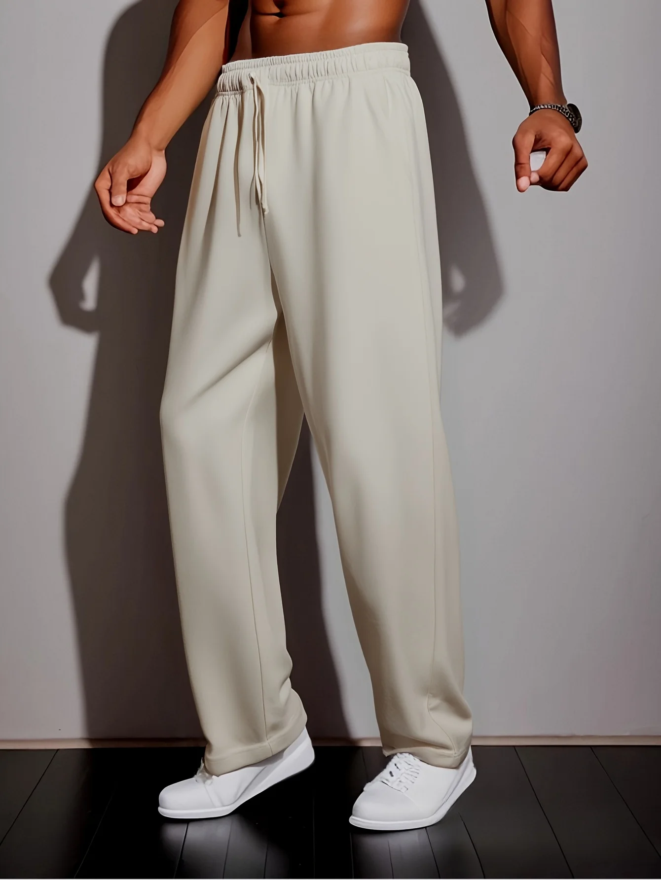 سروال رجالي أنيق للخريف والشتاء بلون سادة وخصر مطاطي واسع الساق مقاس كبير مناسب لكل من الرياضة والأنشطة الخارجية