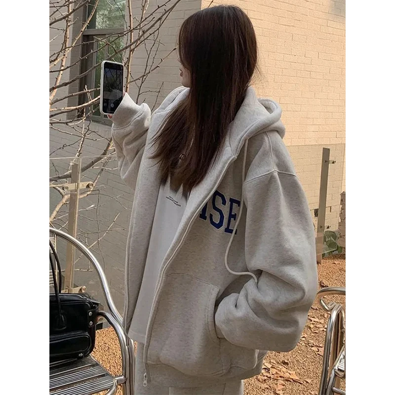 MEXZT Streetwear Zip Up Hoodies Women Oversized Letter Print Sweatshirt Harajuku Korean Plus Fleece Thick Casual All Match Tops