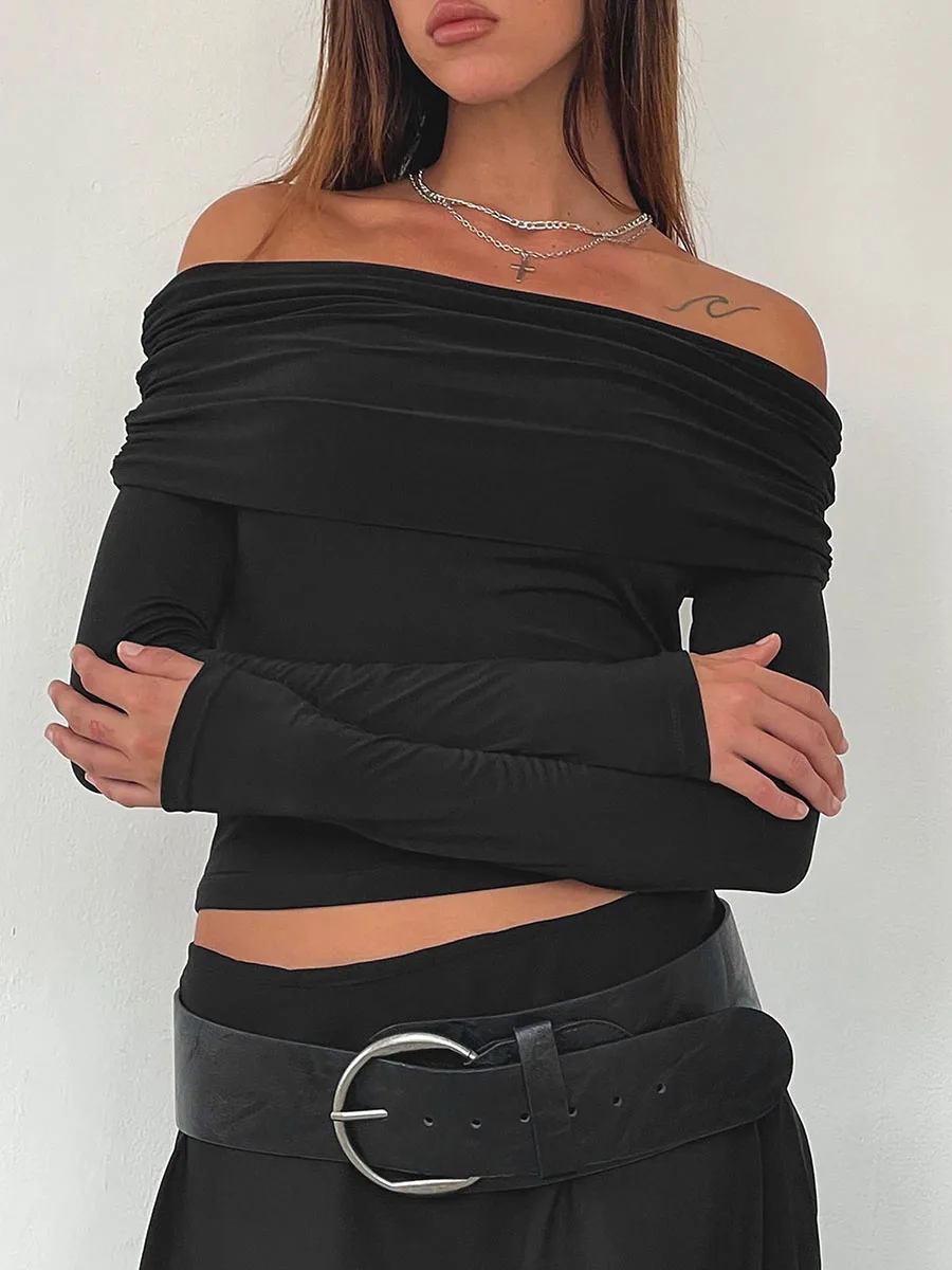 

Женский облегающий Топ с длинным рукавом, черная футболка с открытыми плечами и рюшами, женские облегающие пуловеры для осени, уличная одежда, весна-лето