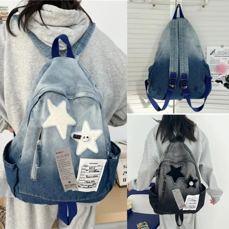 Y2k Vintage Trend Denim Shoulders Backpack Gradient Color Tie-dye Stars Bag Large Capacity Student Schoolbag Casual Travel Bag