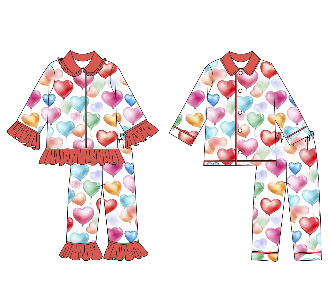 

Valentine's Day Children's Clothing Ruffle Heart Balloon Pants Boys and Girls Set Kid Pajamas