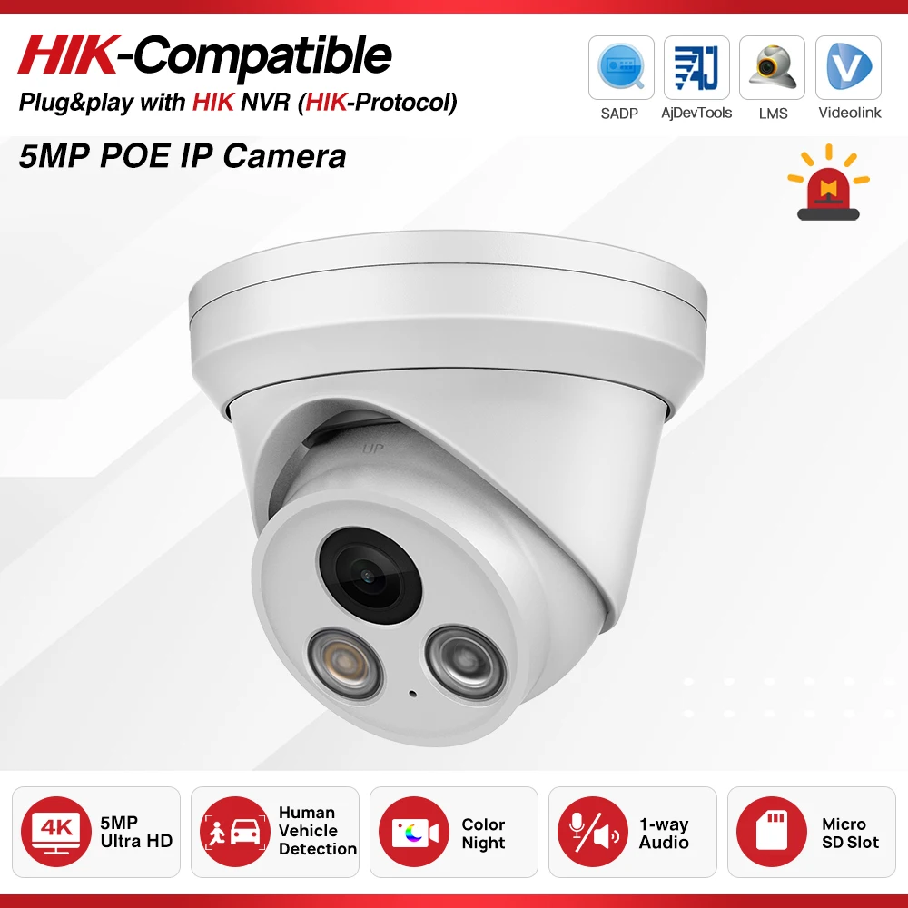 Hikvision Compatible 5MP IR or ColorVu IP Camera Night Vision Build in MIC Human Vehicle Detection Surveillance Network Camera