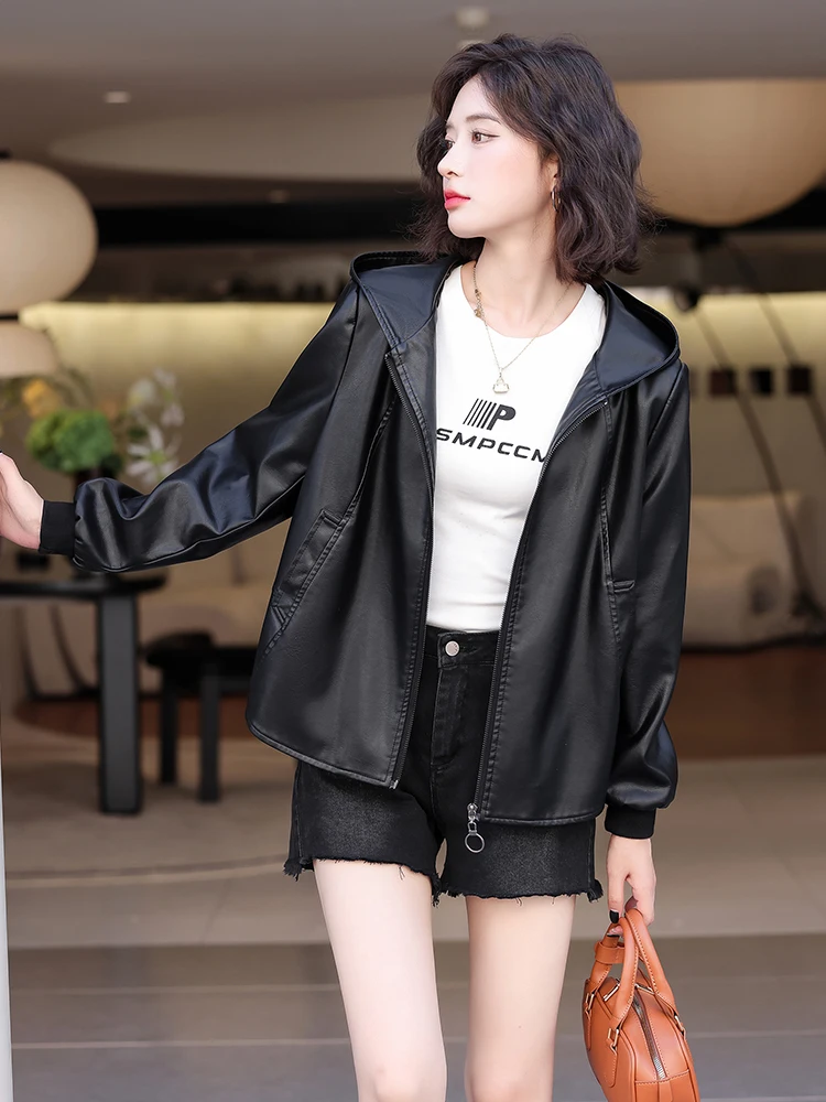 Nouvelles femmes veste en cuir décontractée printemps automne mode à capuche fermeture éclair fendu en cuir vêtements d'extérieur amples court en peau de mouton hauts manteau