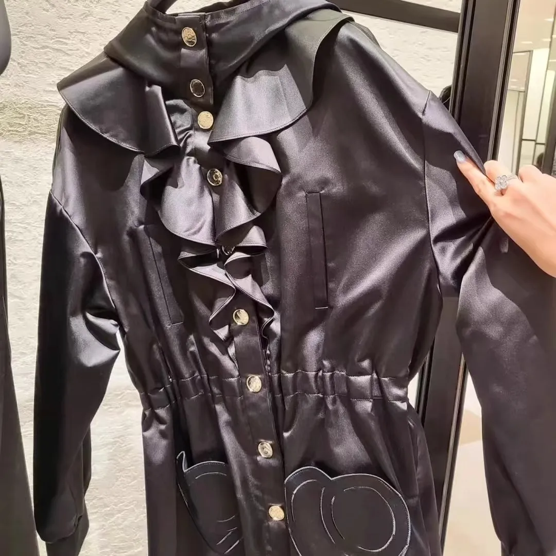 

Пальто 25, осенне-зимнее новое украшение спереди с кружевом в виде гриба, шелковая ветровка средней длины