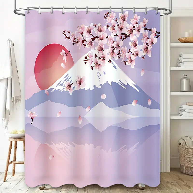 

Japanese cherry blossoms Fuji scenery red sun design waterproof mildew resistant Elevate Space Complimentary hook Elevate Space