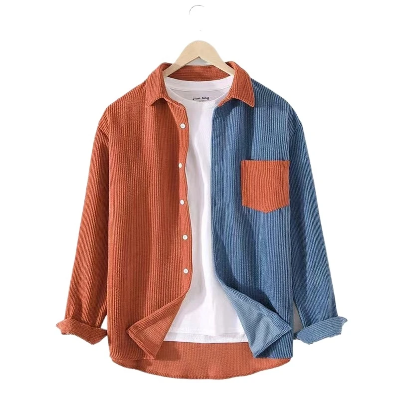 

2026 Men's Corduroy Shirt Long Sleeve Casual Loose Fit Color Block Streetwear Vintage Retro Button Down Shirt for Spring Autumn
