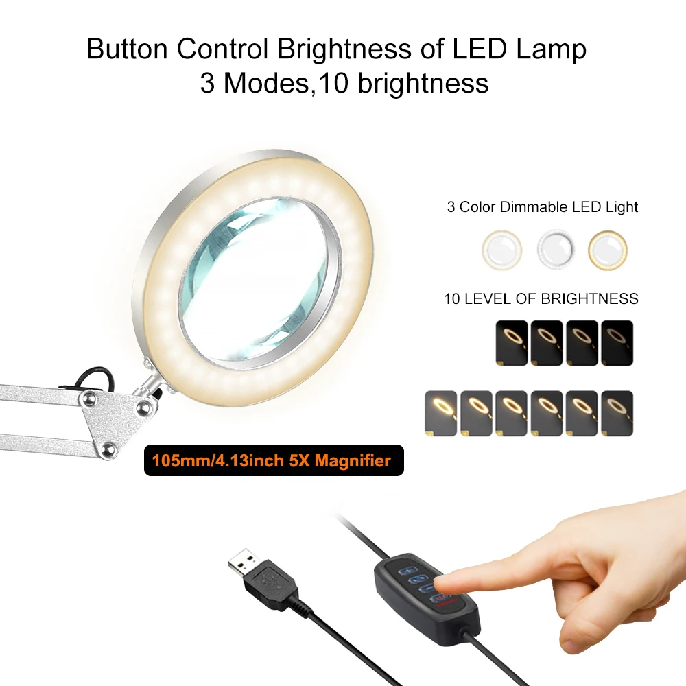 Imagem -02 - Prata Dobrável Lupa Desk Lamp Luzes Led Luzes de Leitura Modos de Cores Usb Power Supply Iluminação Magnifier 5x 72smd