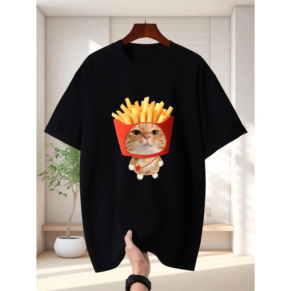 Men T Shirt Cute Fries Bucket Orange Cat Graphic Tee Funny Food Pet Print Short Sleeve O Neck Loose Casual Top Summer Streetwear