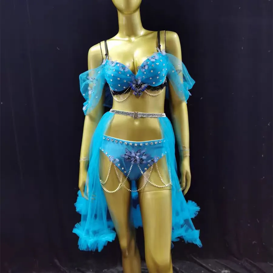 Bar Nightclub Sexy Performance Costume Pink Blue Rhinestones Bikini Mesh Skirt Dance Outfits Carnival Party Show Rave Stage Wear