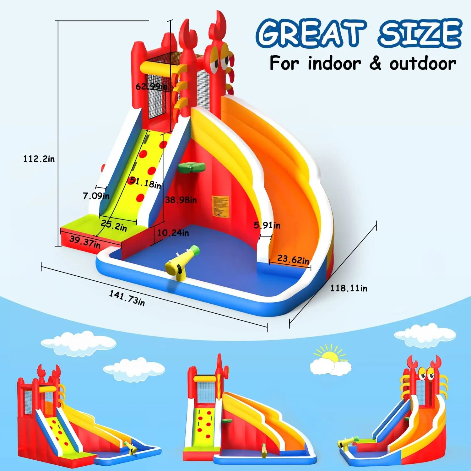 Large Inflatable Bounce House with Water Slide for Kids - Includes Splash Pool, Climbing Wall, Basketball Hoop & Water Gun for Indoor/Outdoor Backyard Parties - Comes with Air Blower, Repair Kit, Carrying Bag view 4