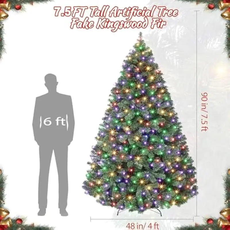 7.5ft lifelike artificial Christmas tree with 300 warm white and multicolor LEDs, 9 lighting modes via foot switch, hinged branc