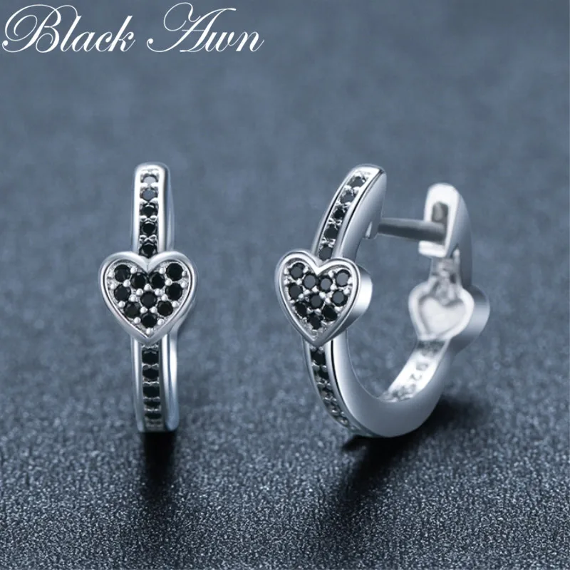 Black Awn Heart Hoop Earrings for Women Classic Silver Color Trendy Spinel Engagement Fashion Jewelry I263