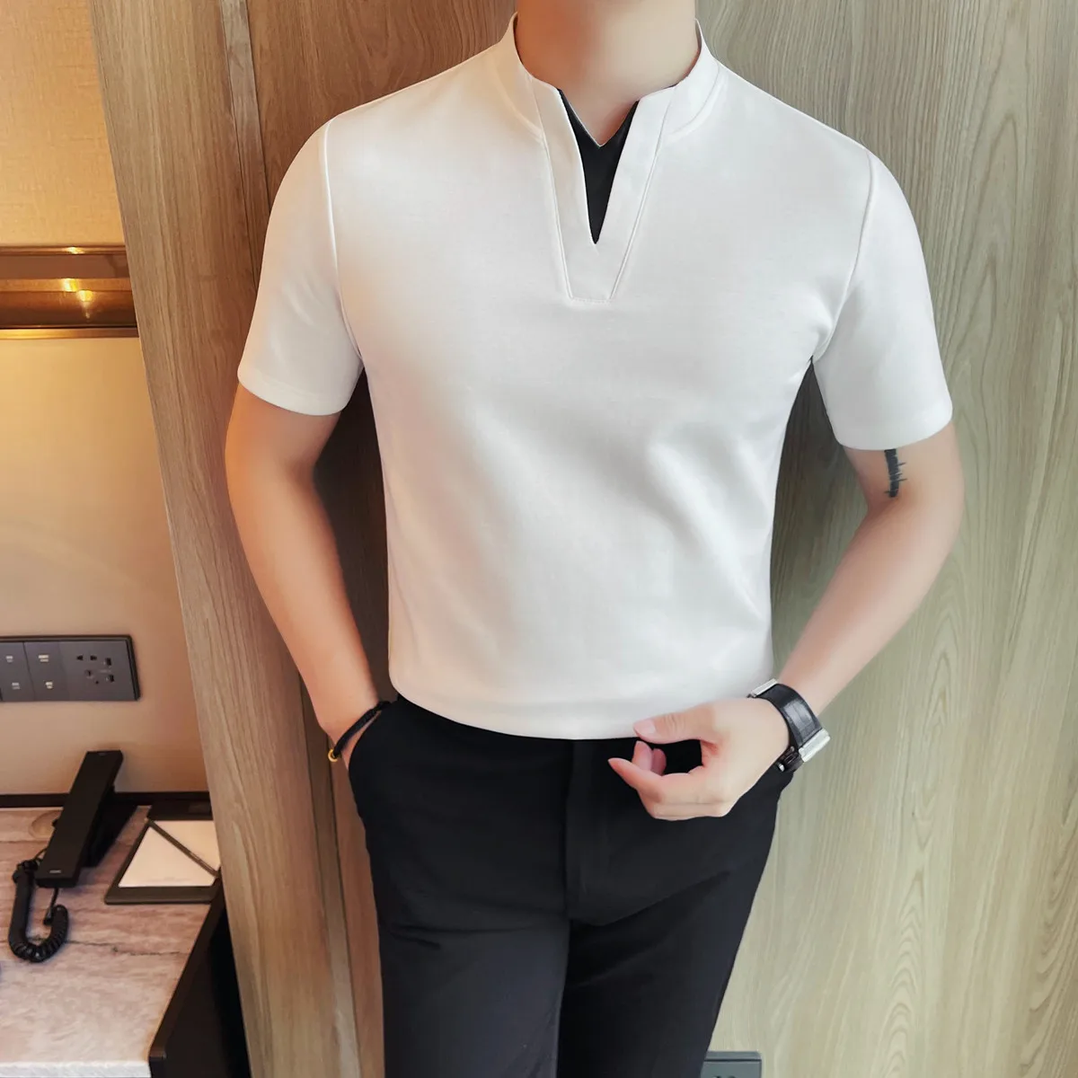 Summer Henry Collar Short Sleeved T-shirt Men's Summer Solid Color Casual T-shirt Slim Fit Business Social Tee Tops Men Clothing