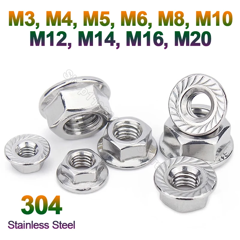 5-20Pcs Hexagon Flange Nuts M3 M4 M5 M6 M8 M10 M12 M16 M20 304 Stainless Steel Pinking Automatic locking Nut Serrated Spinlock