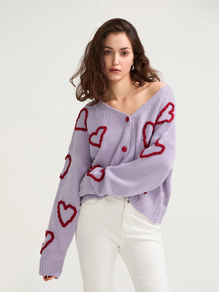 Women Button up Sweaters Casual Heart Crochet Cropped Long Sleeves Knit Cardigans Warm Fall Winter Knitwear for Streetwear