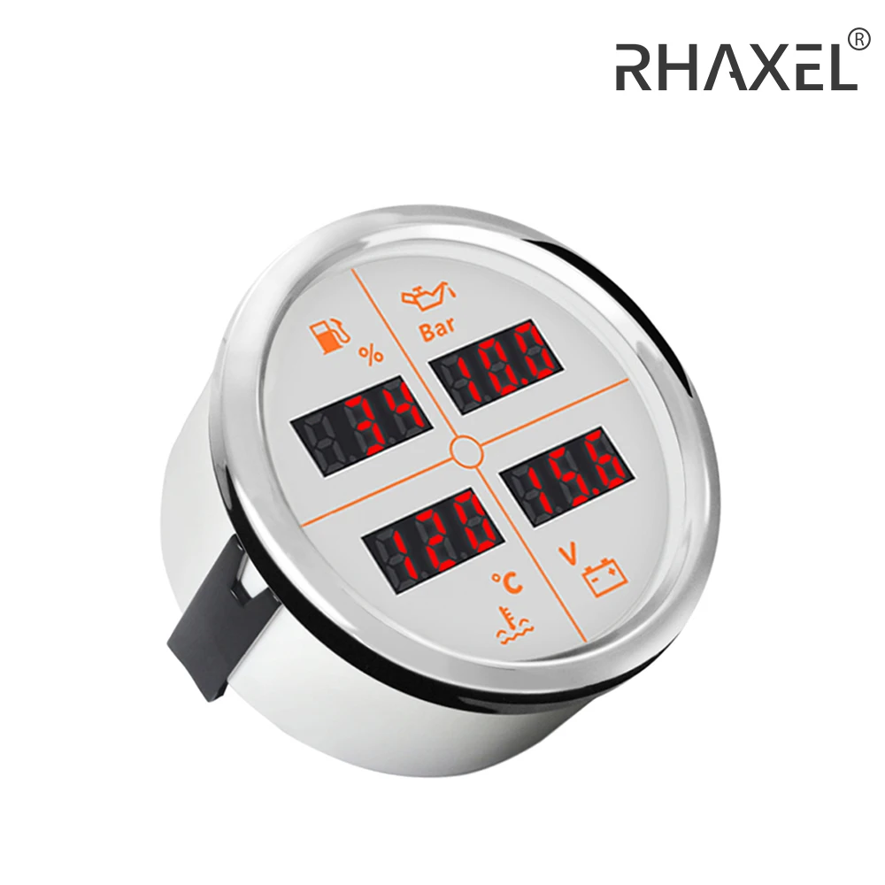 Rhaxel 52mm 85mm 4 in 1 Multifunction Gauge with Fuel Level Oil Pressure Water Temp. Voltmeter with 8 Colors Backlights for Car