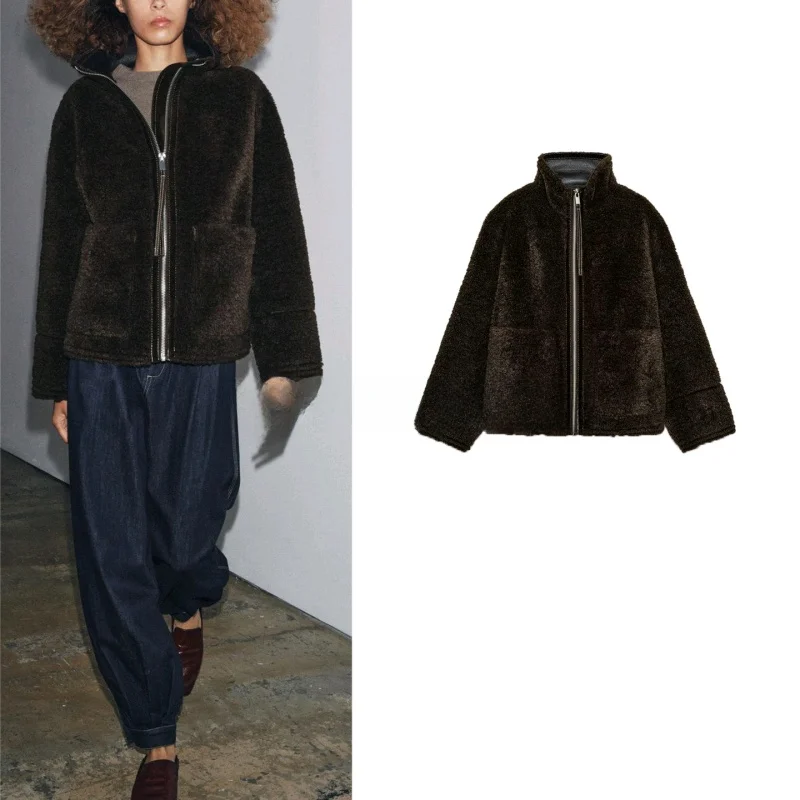 

Новая осенняя женская двусторонняя бархатная куртка с высоким воротником, длинная металлическая молния све, украшенная американской шлейфом для поездок на работу и ветер