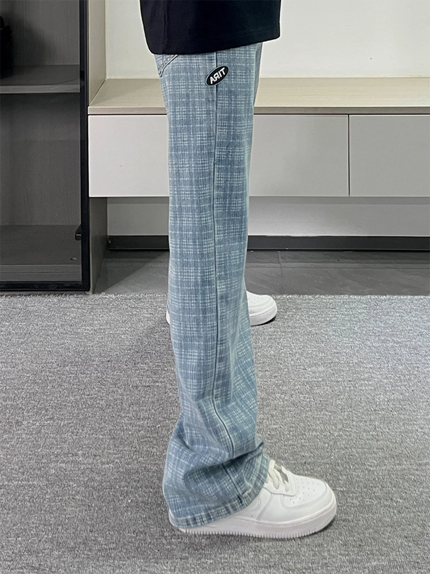 

Retro American Blue Plaid Waed Denim Jeans Men's Winter Cleanfit Knife Straight Leg Micro Flared Pants Youth Casual Jeans