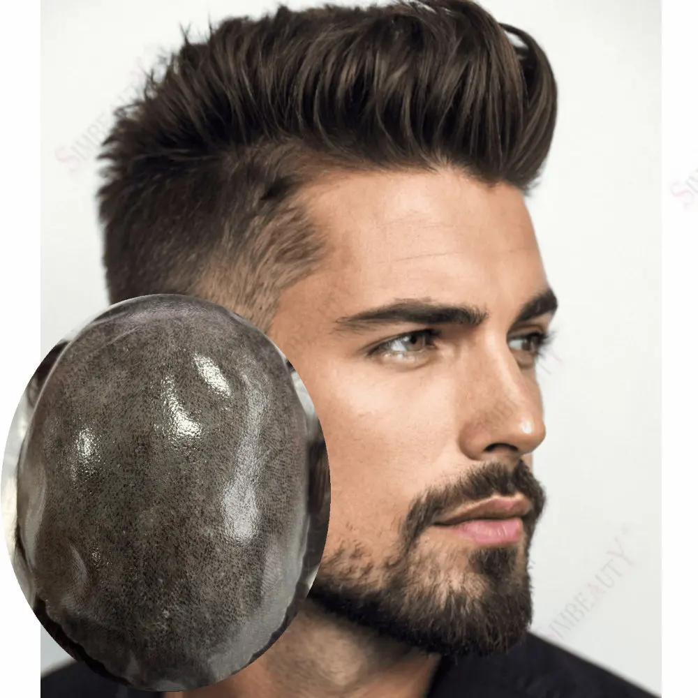 วิกผมผู้ชาย ความหนาแน่น 130% ทูเป้ผิวหนังบางพิเศษ ทำจากผมแท้ ทนทาน ระบบ PU ผิวบาง 0.1 มม. แบบฉีด ปลูกผมทดแทน