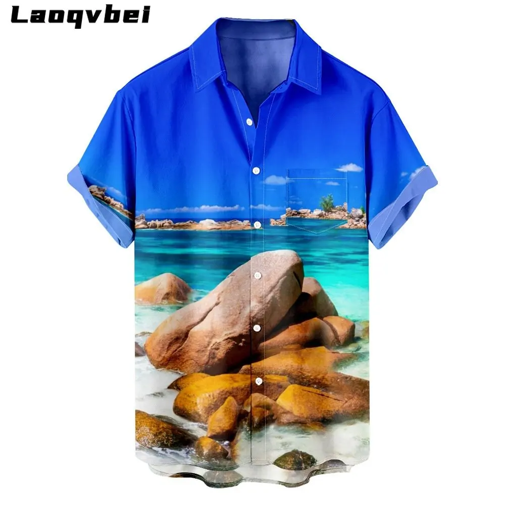 Oversized 4XL 2023 Summer Beach Stones 3D Print Loose Short Sleeve Hawaiian Shirt for Men, Casual Beach Shirts Blouses