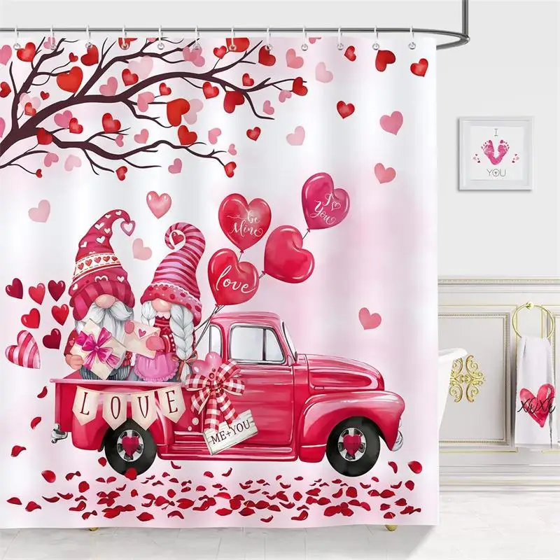 

Valentine's Day Shower Curtains Romantic Elf in Love Pink Truck Heart Bathroom Decor Polyester Fabric Bath Curtain with Hooks