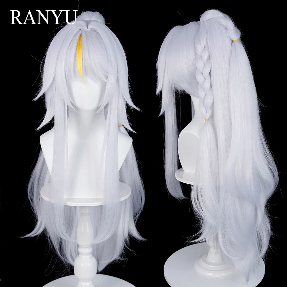 

Silver White Yellow Highlights Long Straight Synthetic Wigs with Bangs Anime Game Cosplay Fluffy Wig with Ponytail Clip