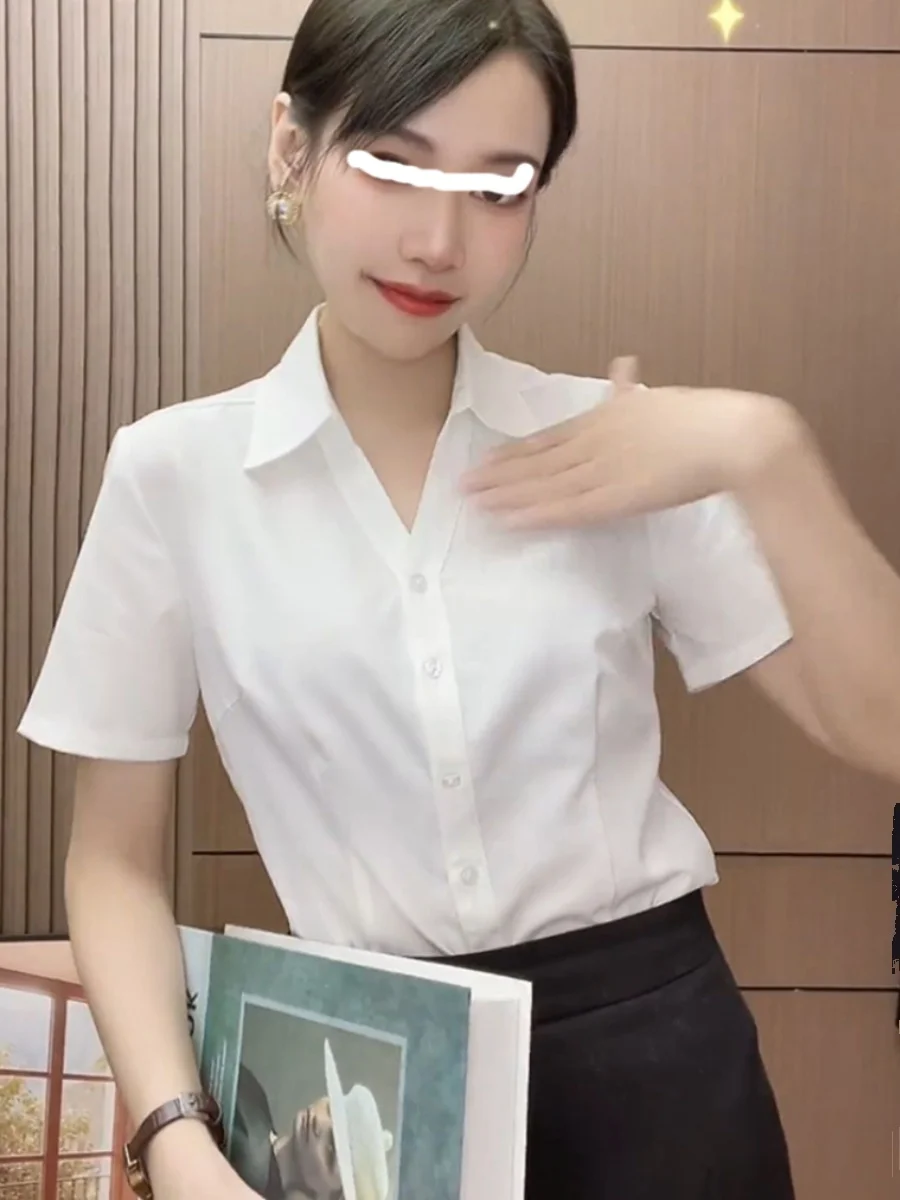 

Summer Thin V-neck Professional White Shirt Women's OL Formal Shirt Top High-end Hotel Front Desk Work Uniform Polyester Shor...