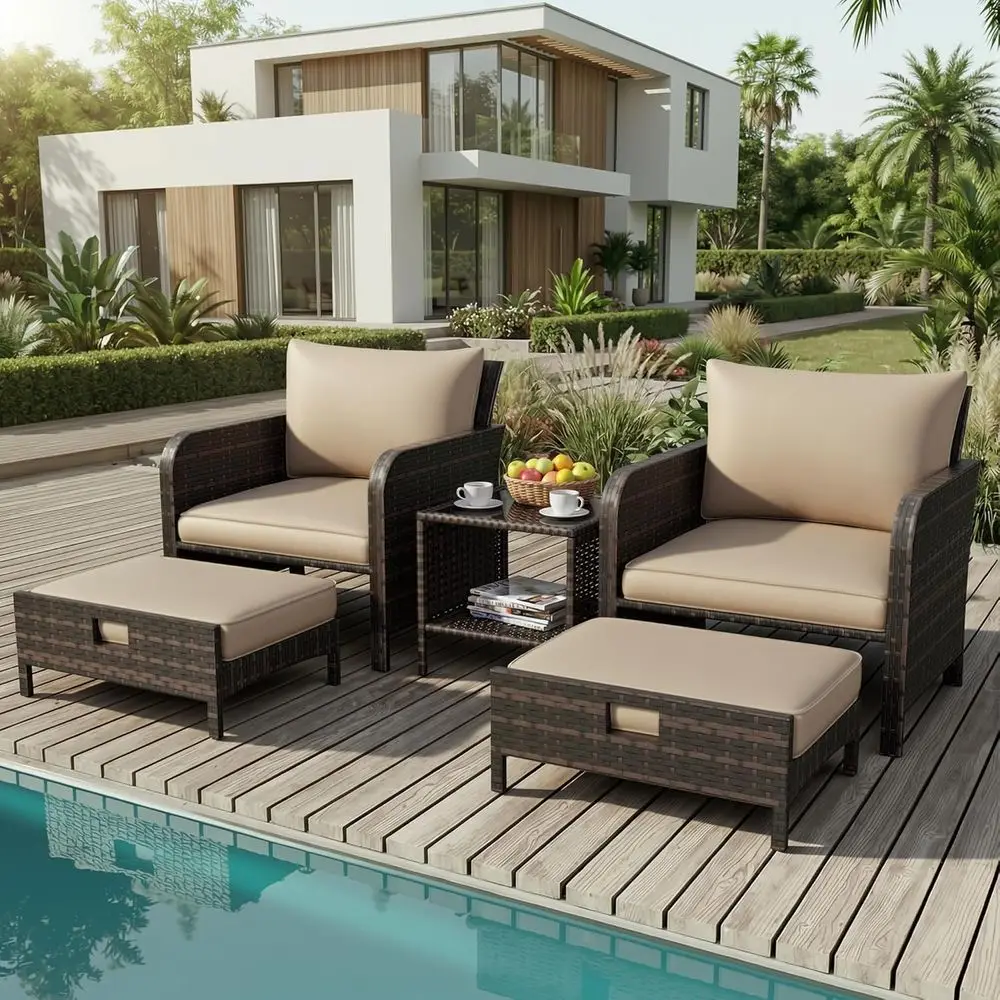 

5-Piece Outdoor Wicker Patio Furniture Set with Cushions, Ottomans, and Glass Table - Brown (Khaki Cushions)