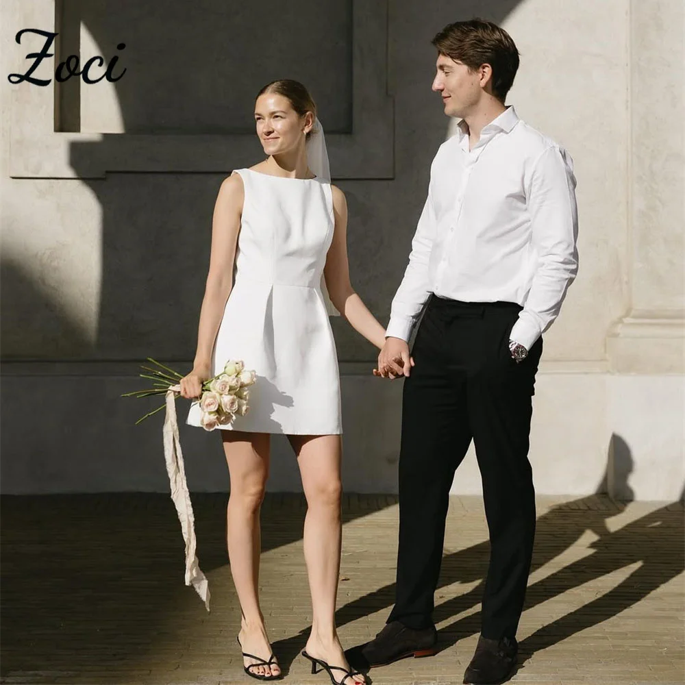 

Zoci Simple Scoop Short A Line Wedding Dresses Sleeveless Satin Beach Bride Dress Customized Outfit Mini Wedding Party Gown