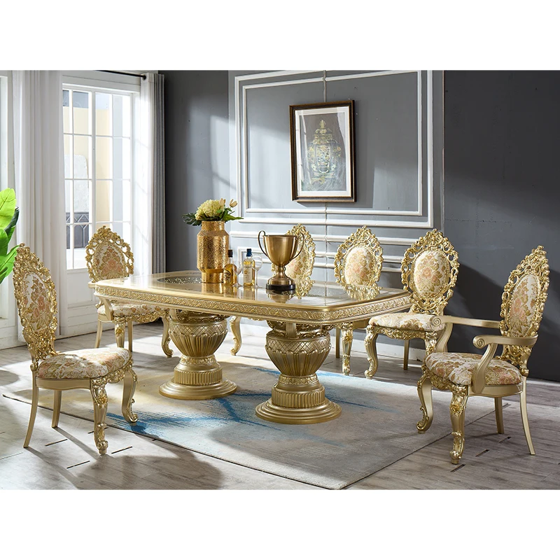 

European Royal Style Gold Wood Dining Table and Chairs 6 8 Seater Furniture Dining Room Complete Classic Luxury Dining Table Set