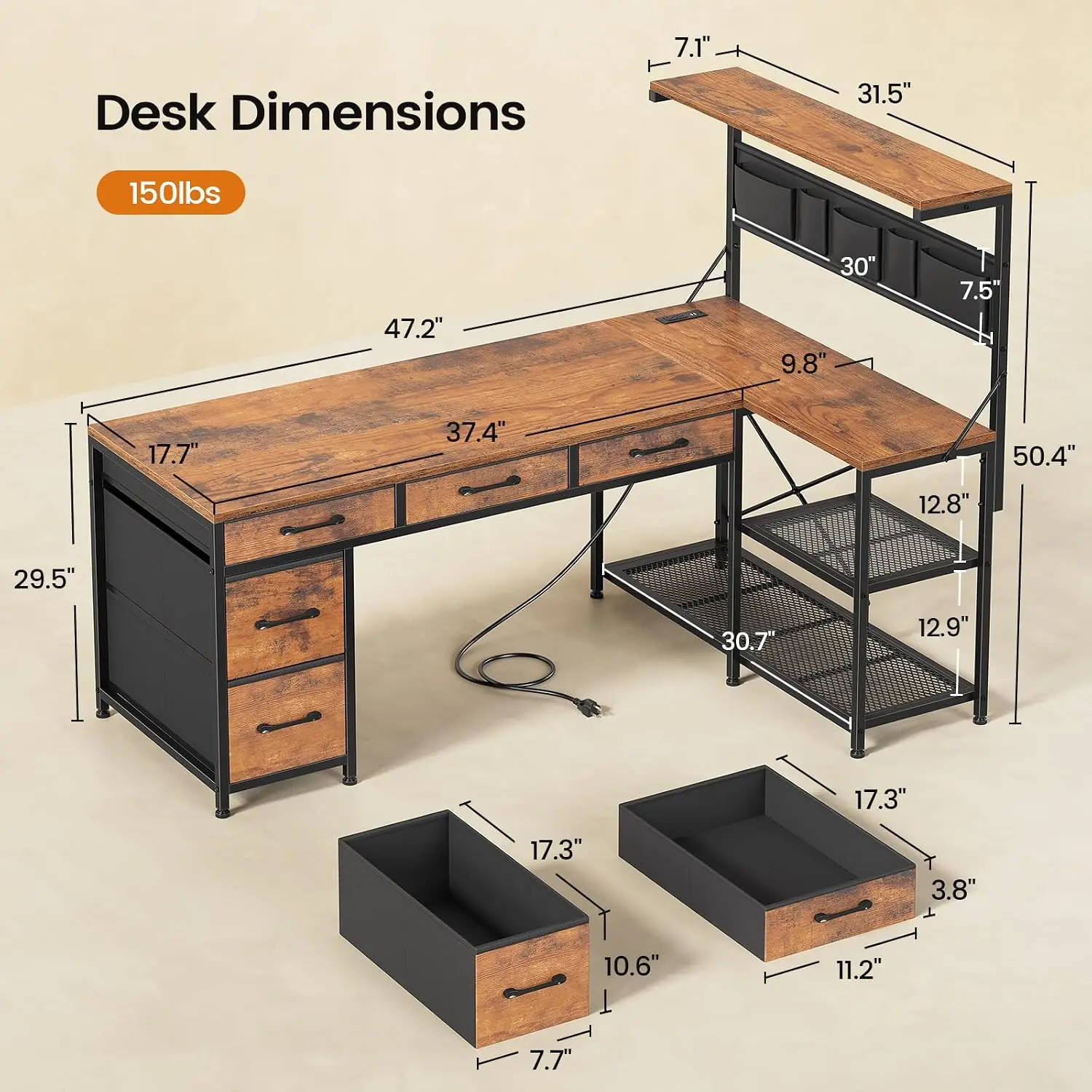 L Shaped Desk 5 Drawers & Shelves, Reversible Computer Desk Bookshelf, Corner Gaming Desk LED Lights & Power Outlets, Customized