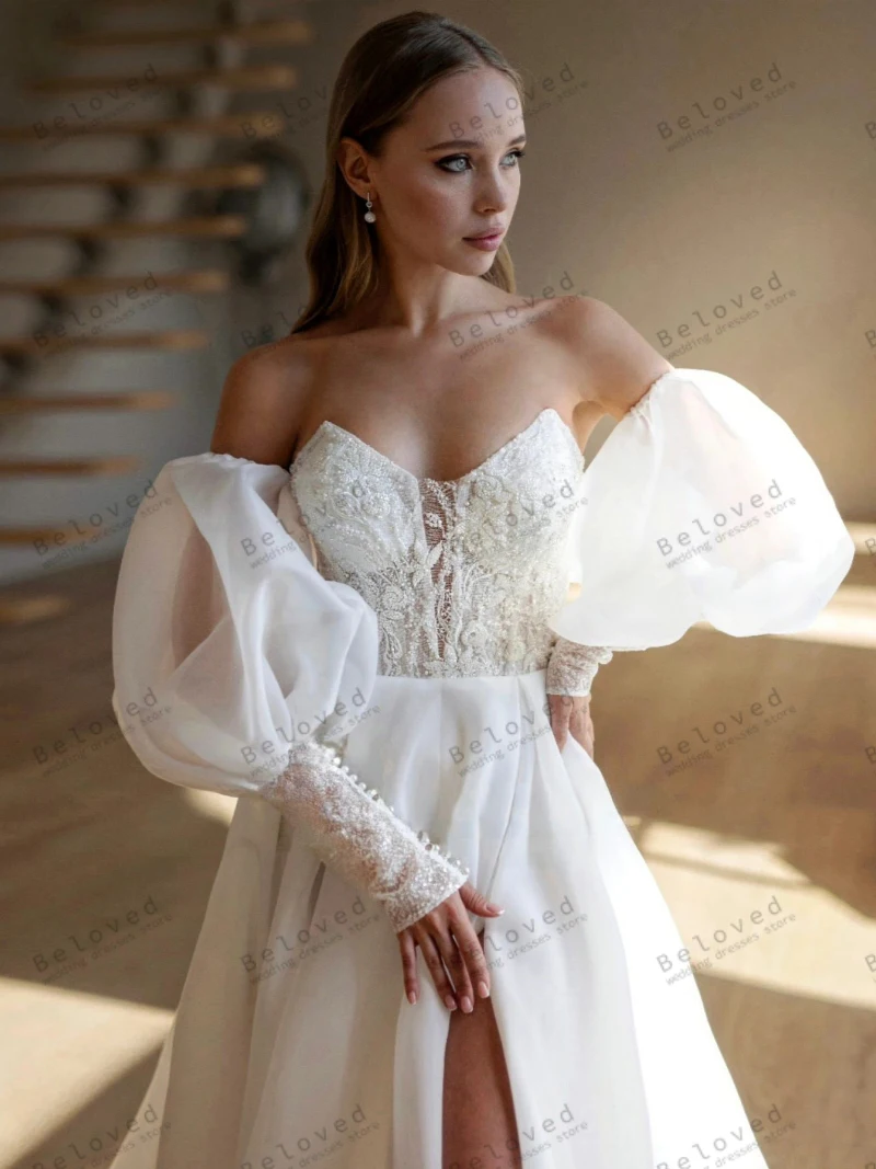 Gorgeous Wedding Dresses A-Line Tulle Tiered Bridal Gowns Lace Appliques Sequin Graceful Robe Off The Shoulder Vestidos De Novia