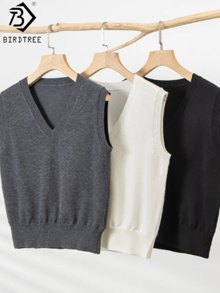 

Birdtree 32,4% овечья шерсть 30,1% акриловый однотонный жилет, женский шерстяной жилет с v-образным вырезом, весенне-осенний вязаный жилет без рукавов, топы T58529JF