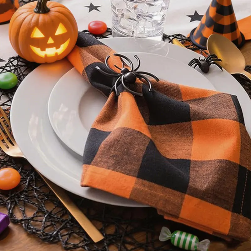 6/12 tovaglioli in tessuto gingham retrò arancione-nero, riutilizzabili, ideali per feste di Halloween e decorazioni per la tavola durante le festività, 40×40 cm