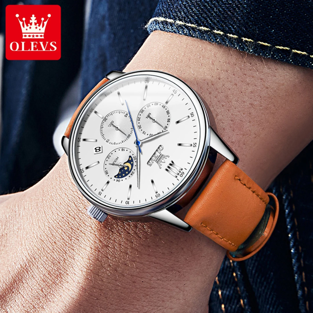 OLEVS 2922 Quartz Casual Watch Gift Round-dial Leather Watchband Chronograph Calendar