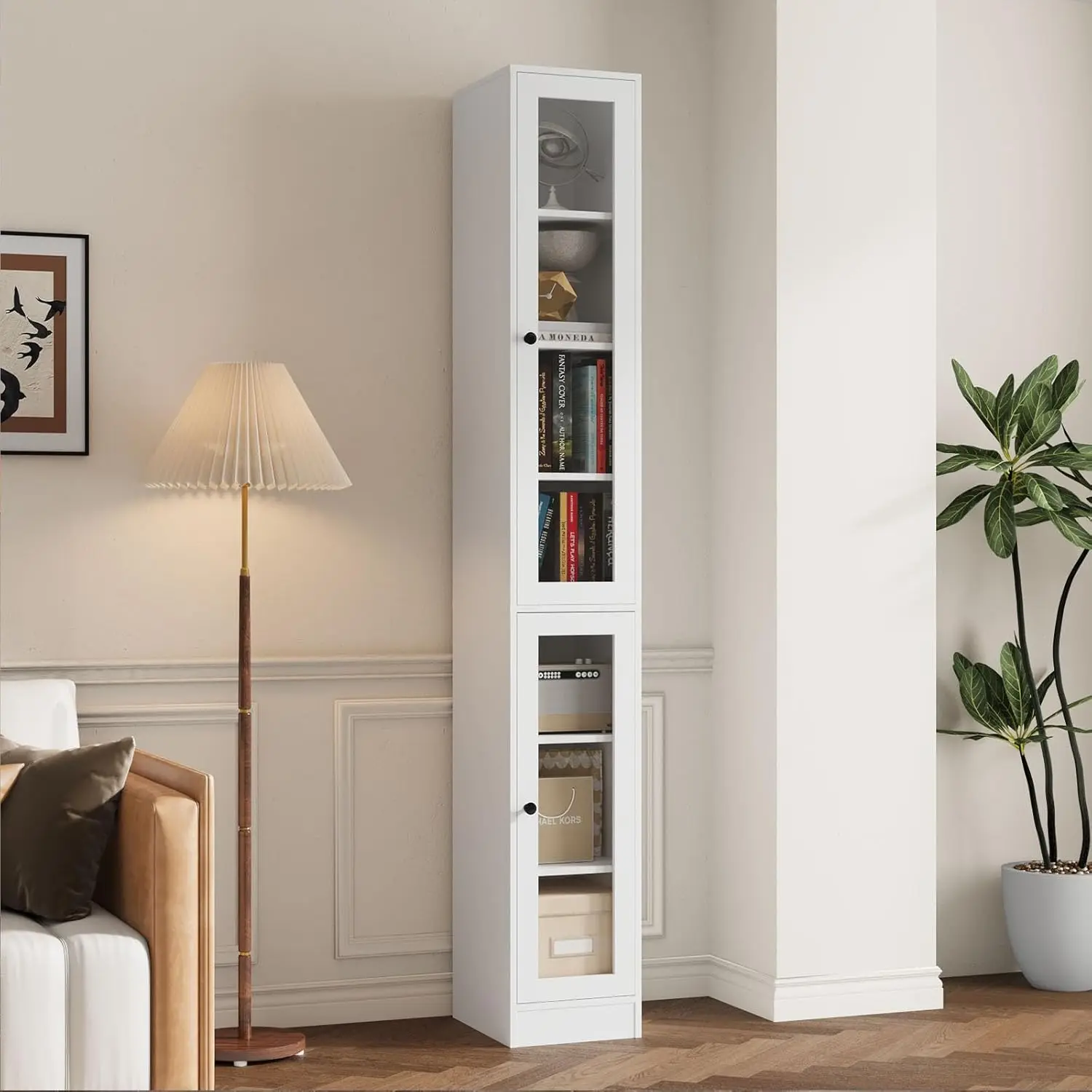 

Книжный шкаф высотой 85,5 дюймов, 7-ярусный, со стеклянными дверцами и выдвижным ящиком, шкаф для хранения шириной 23,6 дюйма, для гостиной, домашнего офиса, на заказ