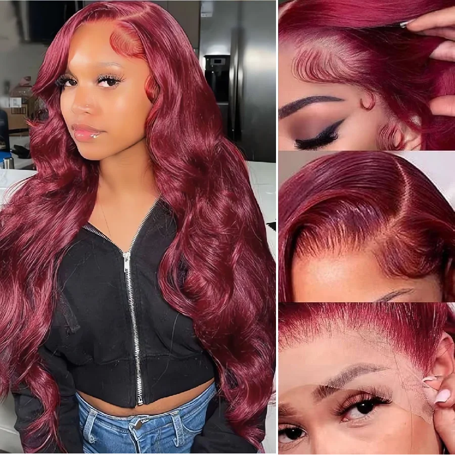 Dixtefo 30 38 Inch 99J Burgundy 13x6 Lace Frontal Wigs Red Colored Brazilian Body Wave 13x6 HD Transparent Human Hair Wigs For Women